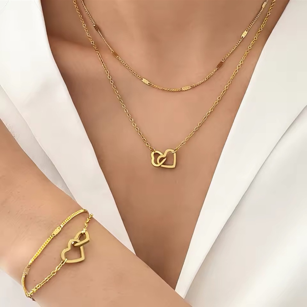 💎New Gold/Silver Stainless Steel Love Heart Double Chain Necklace & Bracelet